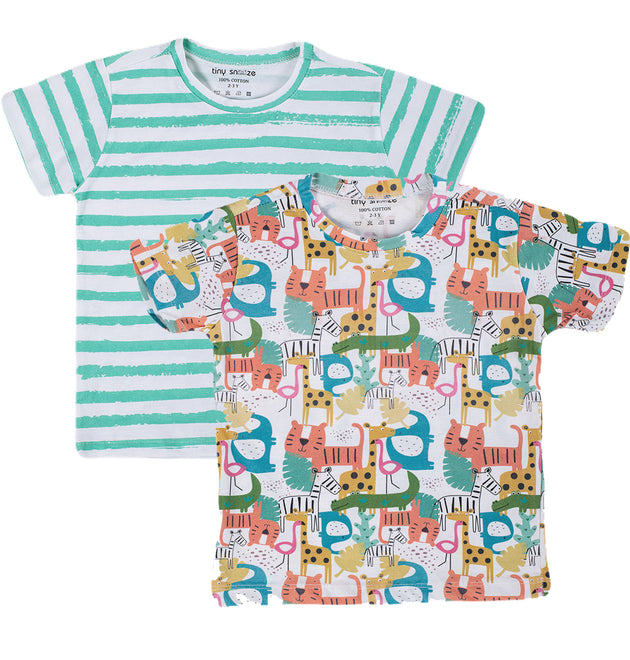Kids Cotton Tshirt- Colorful Animals & Green Stripes- Pack of 2