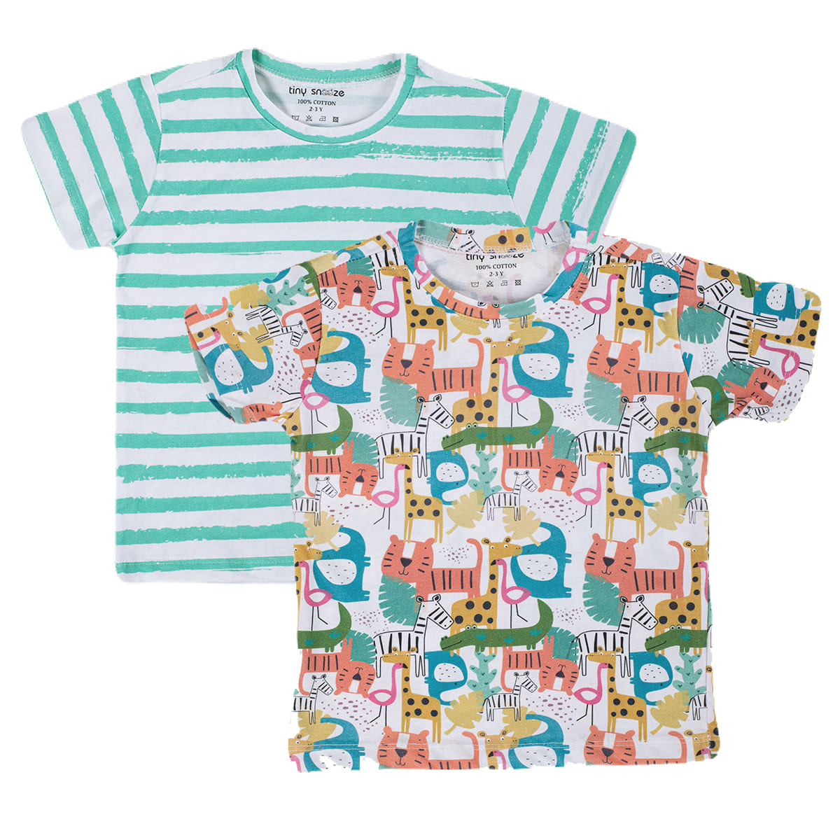 Kids Cotton Tshirt- Colorful Animals & Green Stripes- Pack of 2
