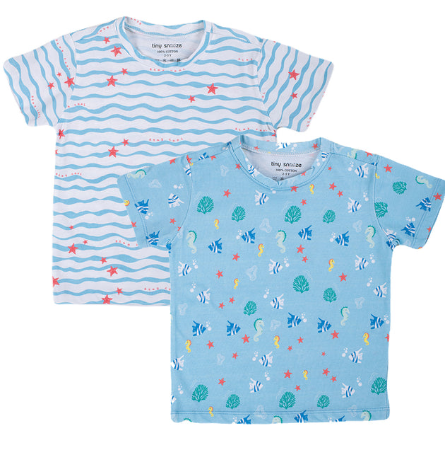 Kids Cotton Tshirt- Waves & Underwater- Pack of 2