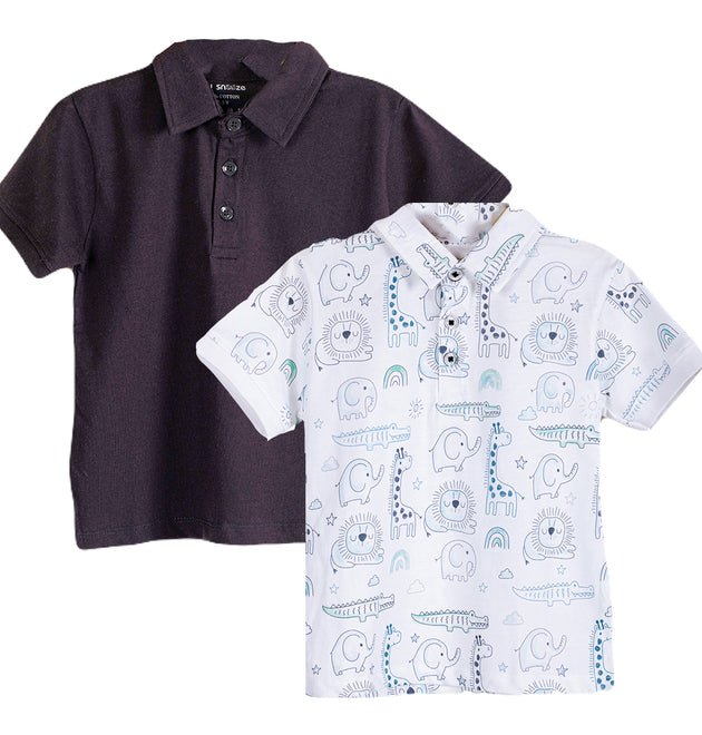 Boys Polo Tshirt- Grey Animals & Solid Black- Pack of 2