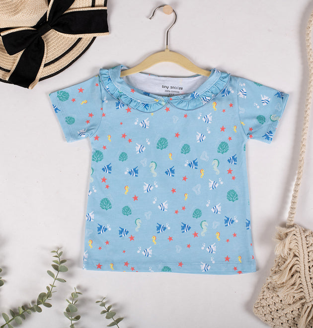 Girls Cotton Half-Sleeve Top- Waves & Underwater- Pack of 2