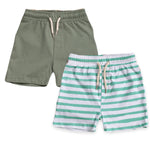 Boys Shorts- Green Stripes & Solid Green- Pack of 2