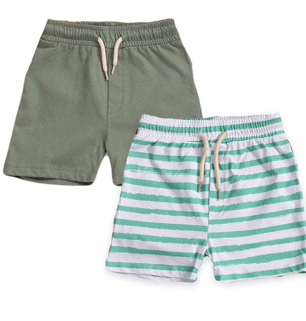 Boys Shorts- Green Stripes & Solid Green- Pack of 2