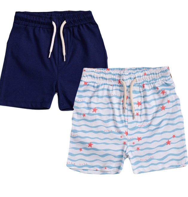 Boys Shorts- Waves & Solid Navy Blue- Pack of 2
