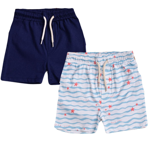 Boys Shorts- Waves & Solid Navy Blue- Pack of 2