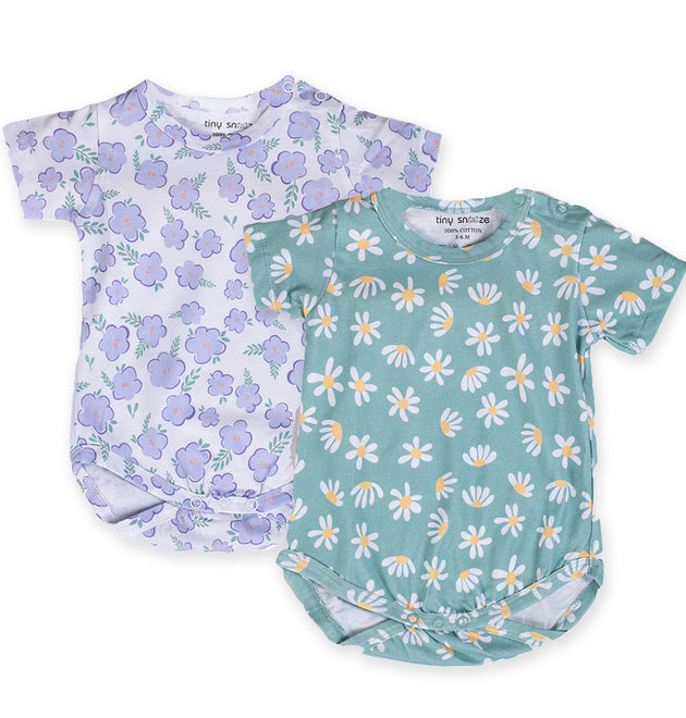 Cotton Bodysuits- Green & Purple Flowers- Pack of 2