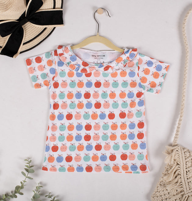 Girls Cotton Half-Sleeve Top- Apples