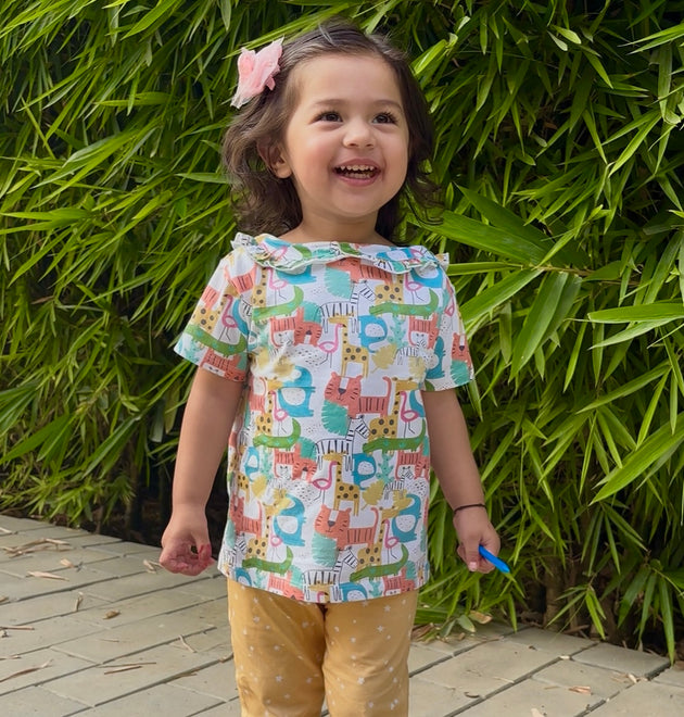 Girls Cotton Half-Sleeve Top- Colorful Animals