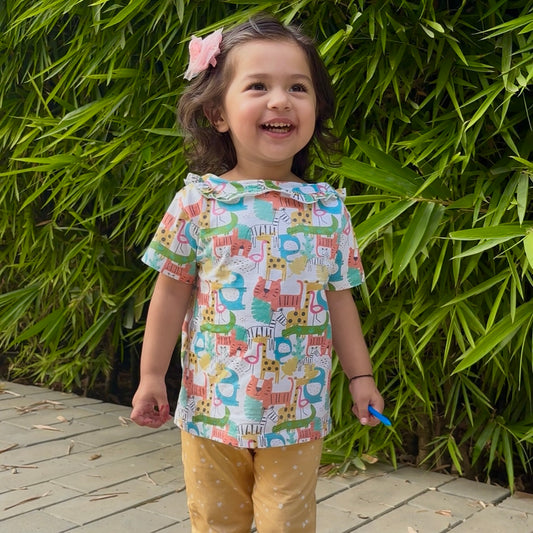 Girls Cotton Half-Sleeve Top- Colorful Animals