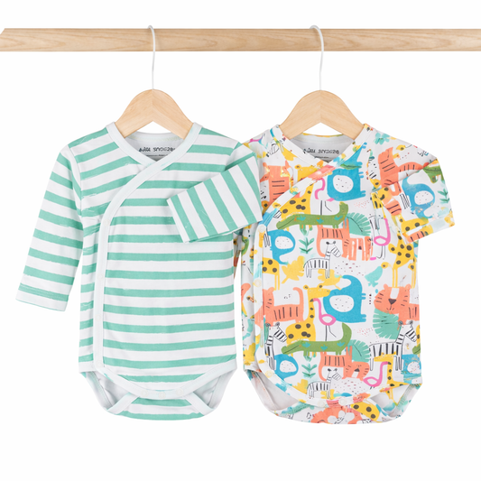 Kimono Bodysuits- Colorful Animals & Green Stipes- Pack of 2