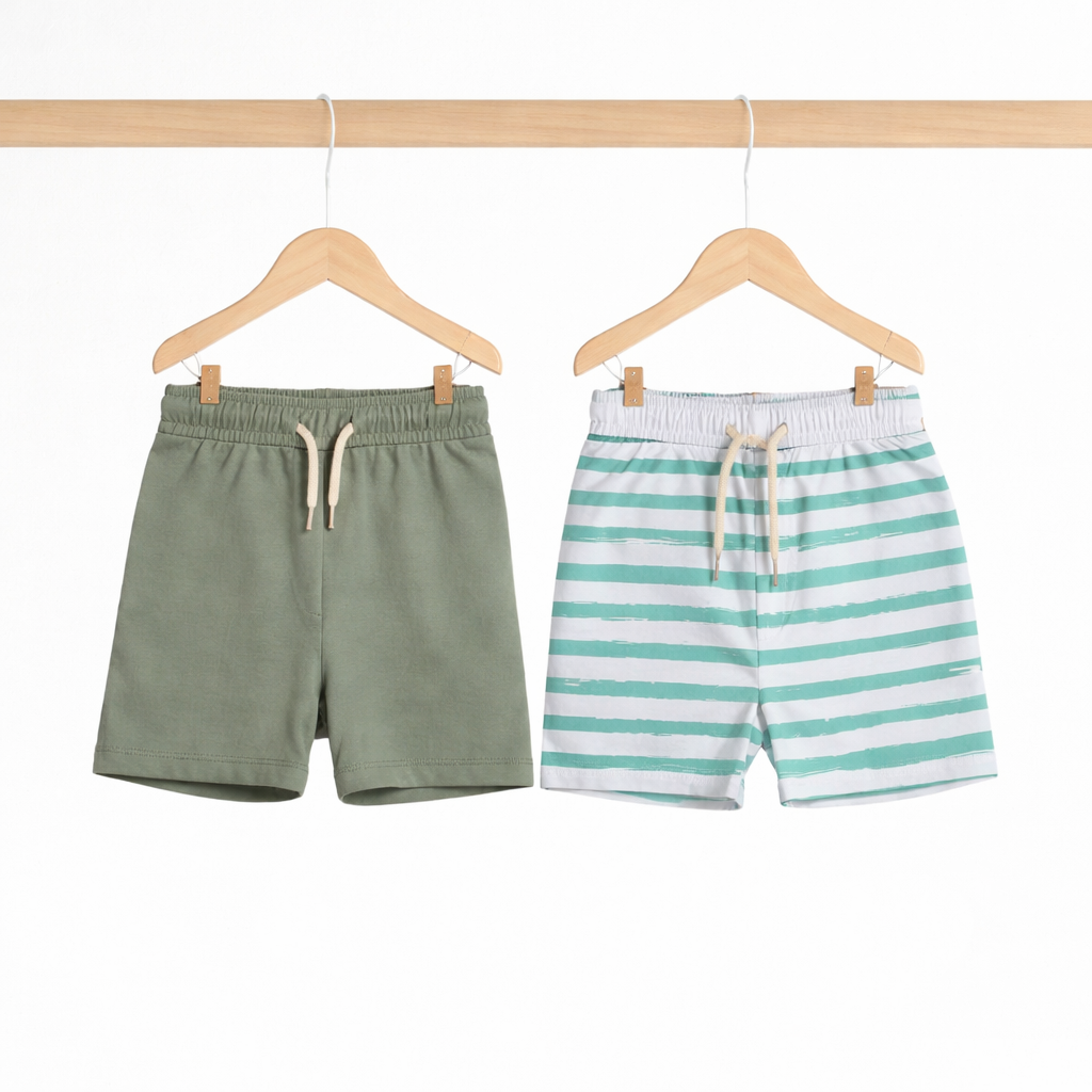 Boys Shorts- Green Stripes & Solid Green- Pack of 2