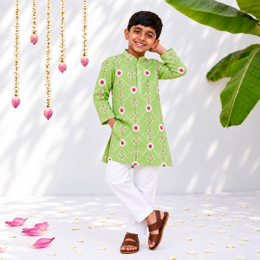 Boys Kurta Set- Green Bandhani