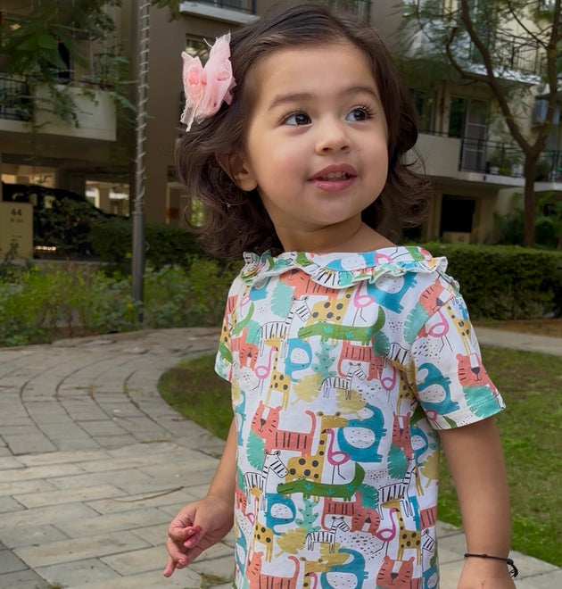 Girls Cotton Half-Sleeve Top- Colorful Animals