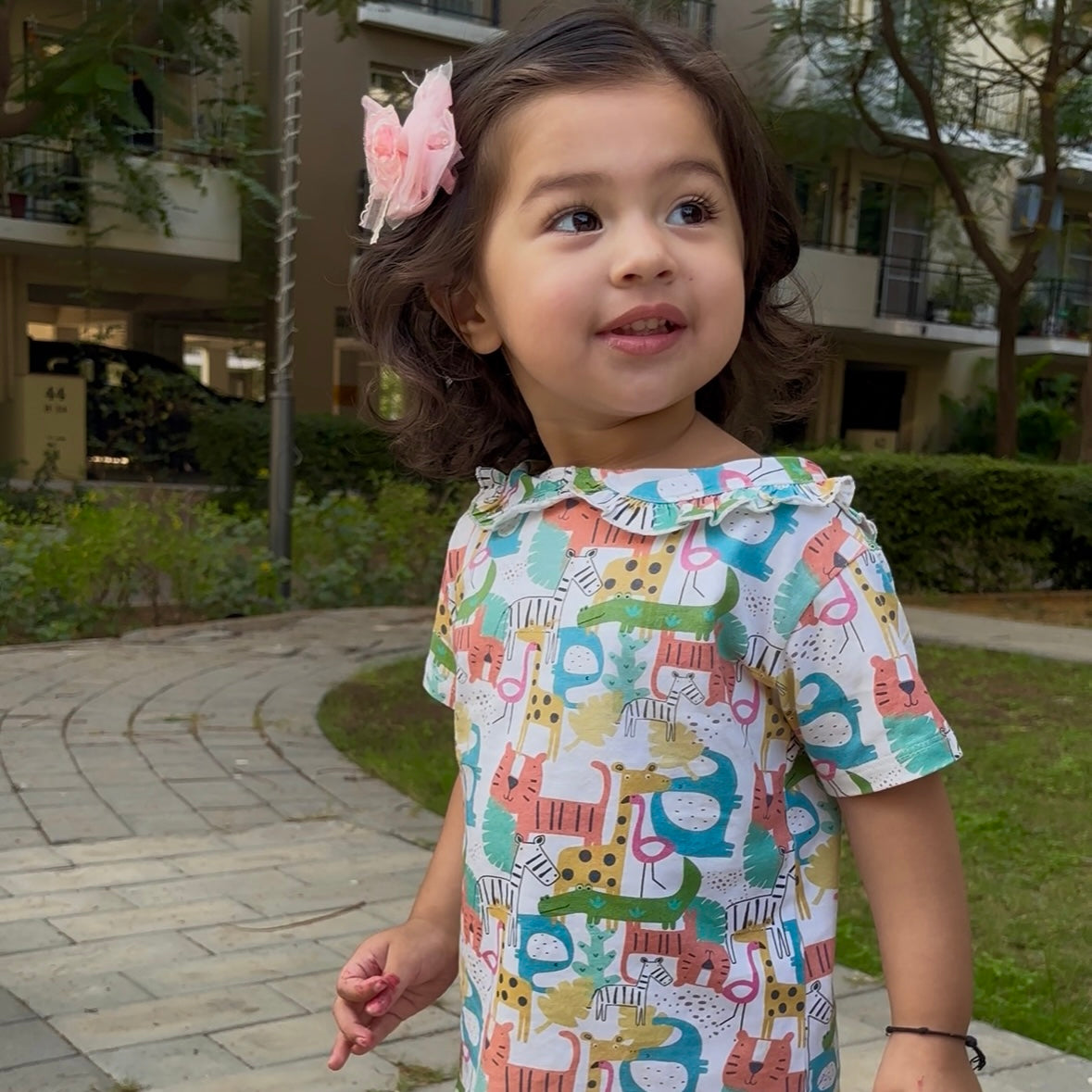 Girls Cotton Half-Sleeve Top- Colorful Animals