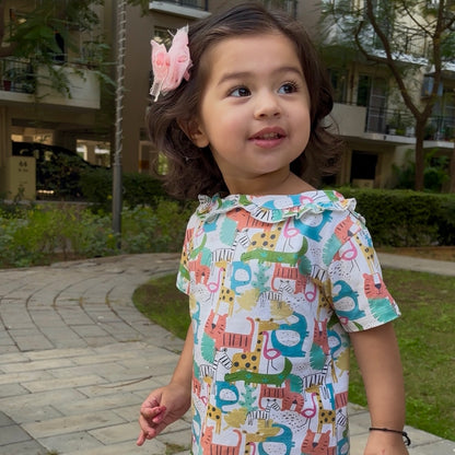 Girls Cotton Half-Sleeve Top- Colorful Animals