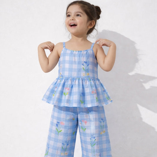 Girls Co-Ord Set with Pants- Blue Ghingham