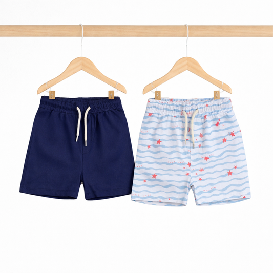 Boys Shorts- Waves & Solid Navy Blue- Pack of 2