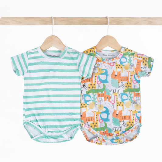 Cotton Bodysuits- Colorful Animals & Green Stipes- Pack of 2
