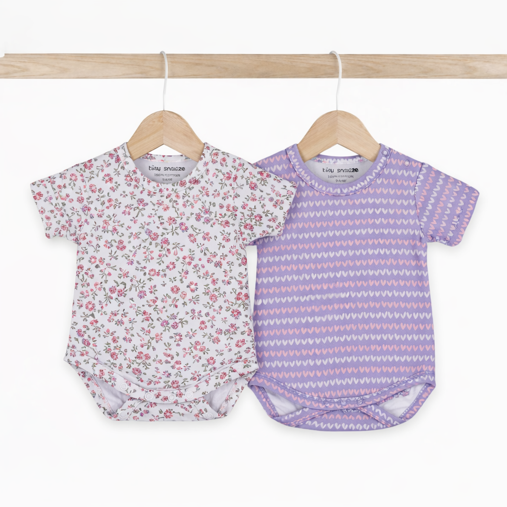 Cotton Bodysuits- Blossom & Purple Hearts- Pack of 2