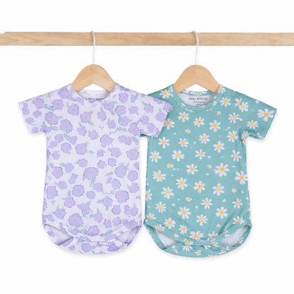 Cotton Bodysuits- Green & Purple Flowers- Pack of 2
