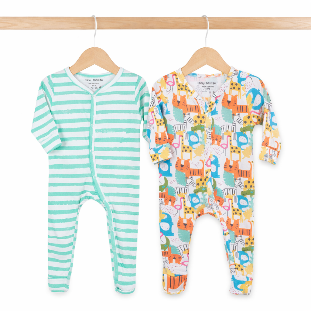 Cotton Sleepsuits- Colorful Animals & Green Stipes- Pack of 2