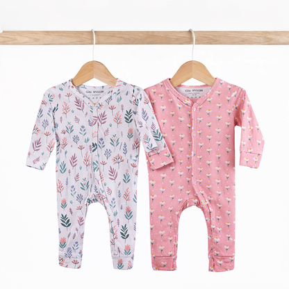 Cotton Sleepsuits- Pastel Leaves & Dandelions- Pack of 2
