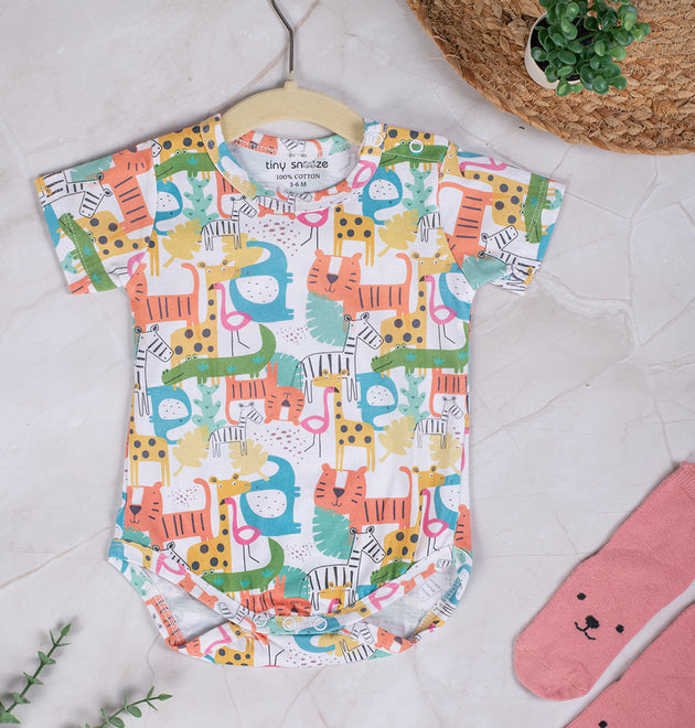 Cotton Bodysuits- Colorful Animals & Green Stipes- Pack of 2