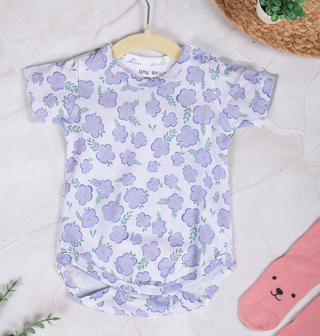 Cotton Bodysuits- Green & Purple Flowers- Pack of 2