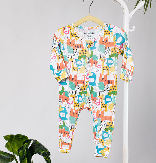 Cotton Sleepsuits- Colorful Animals & Green Stipes- Pack of 2