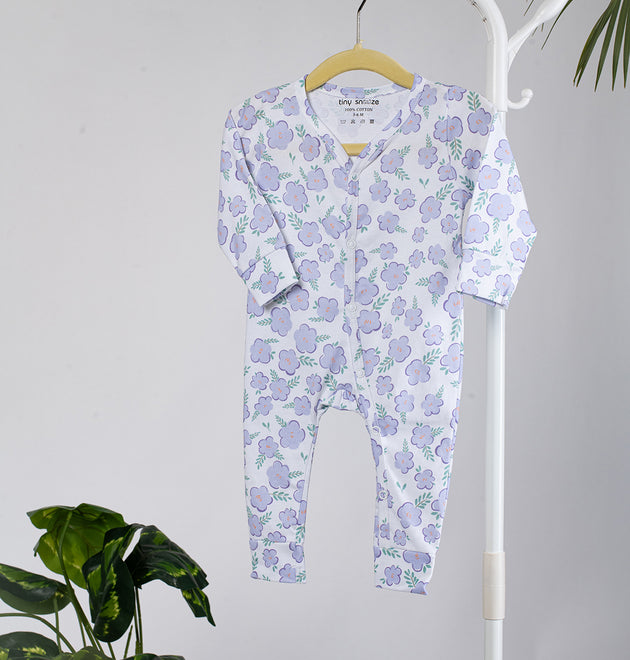 Cotton Sleepsuits- Green & Purple Flowers- Pack of 2