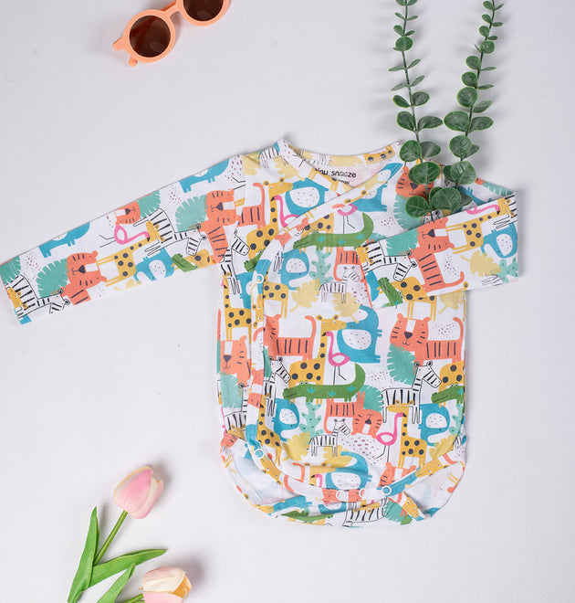 Kimono Bodysuits- Colorful Animals & Green Stipes- Pack of 2