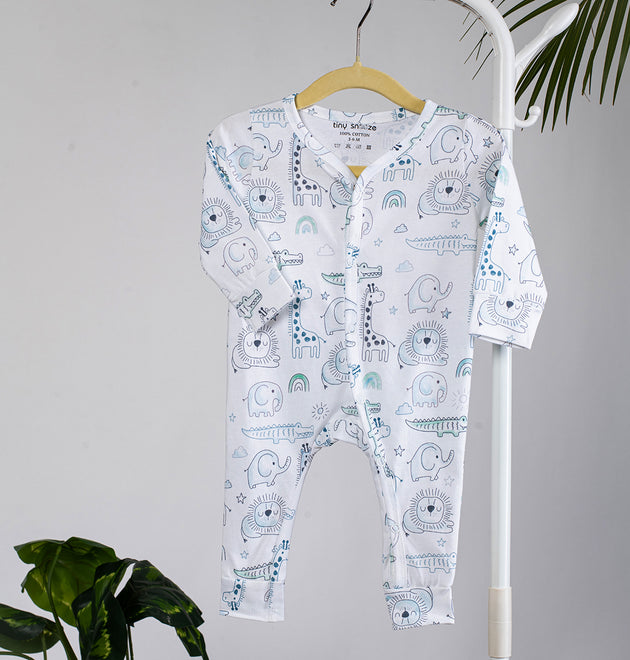 Cotton Sleepsuits- Grey Animals & Grey Sky- Pack of 2