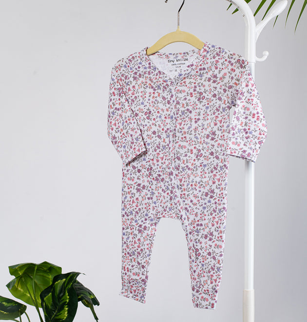 Cotton Sleepsuits- Blossom & Purple Hearts- Pack of 2