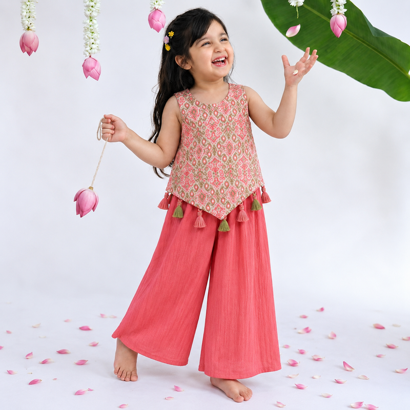 Girls Palazzo Set- Pink Ikkat
