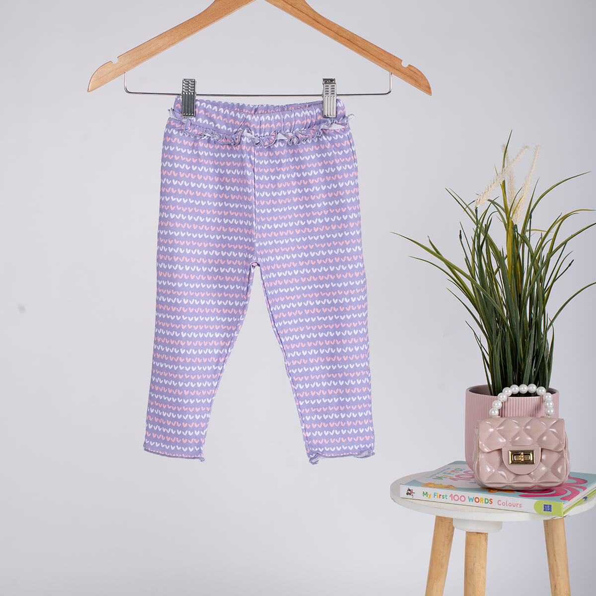 Girls Cotton Leggings- Purple Hearts & Olive Green- Pack of 2