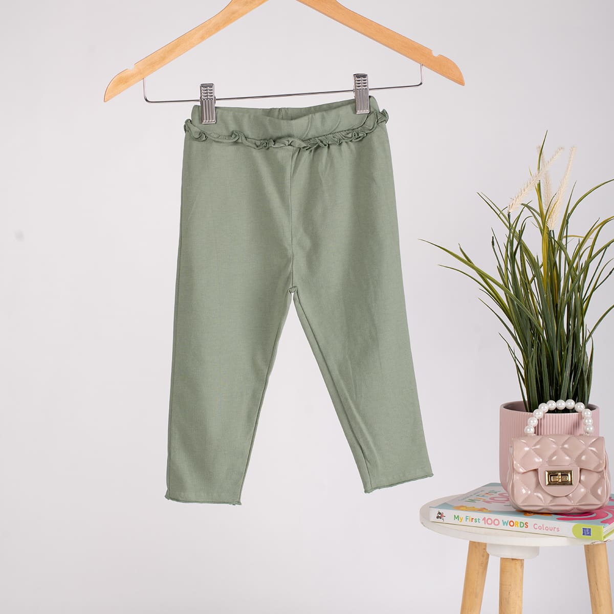 Girls Cotton Leggings- Purple Hearts & Olive Green- Pack of 2