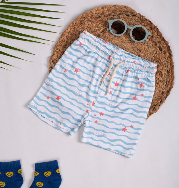 Boys Shorts- Waves & Solid Navy Blue- Pack of 2