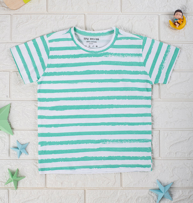 Kids Cotton Tshirt- Colorful Animals & Green Stripes- Pack of 2