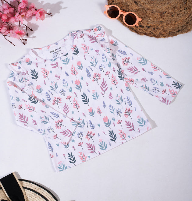 Girls Cotton Full-Sleeve Top- Pastel Leaves & Dandelions- Pack of 2