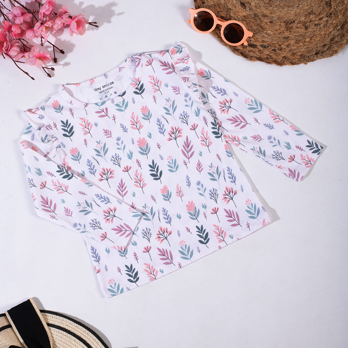 Girls Cotton Full-Sleeve Top- Pastel Leaves & Dandelions- Pack of 2