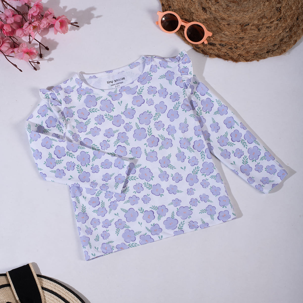 Girls Cotton Full-Sleeve Top- Green & Purple Flowers- Pack of 2