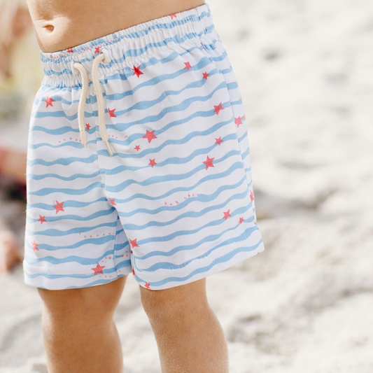 Boys Shorts- Waves & Solid Navy Blue- Pack of 2