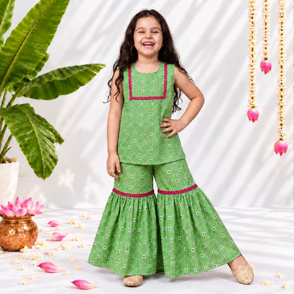 Girls Sharara Set- Green Bandhani