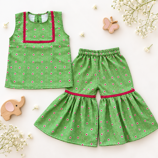 Girls Sharara Set- Green Bandhani