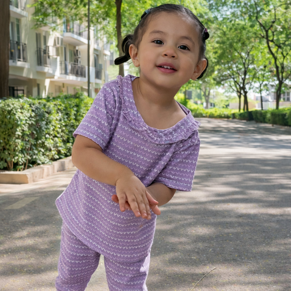Girls Cotton Half-Sleeve Top- Purple Hearts