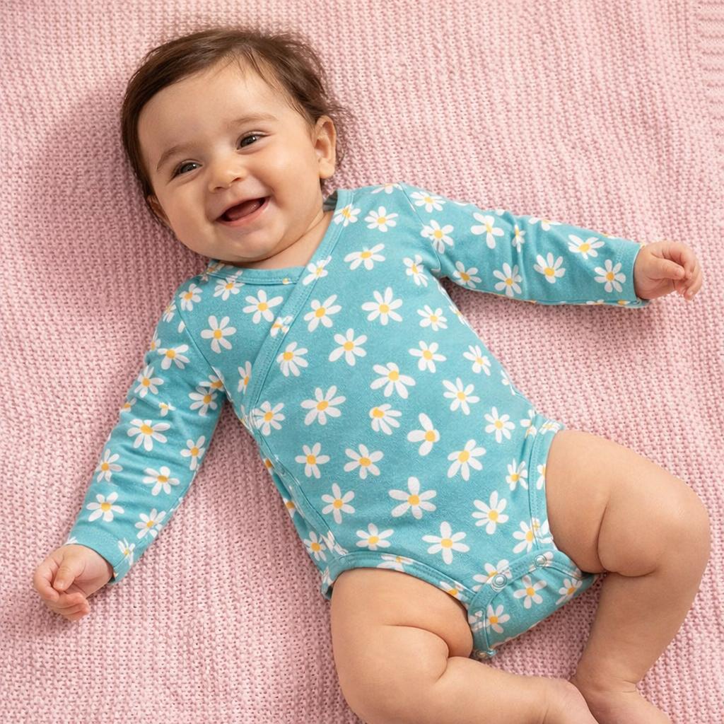 Cotton Kimono Bodysuit- Green Flowers