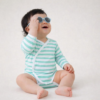 Cotton Kimono Bodysuit- Green Stripes