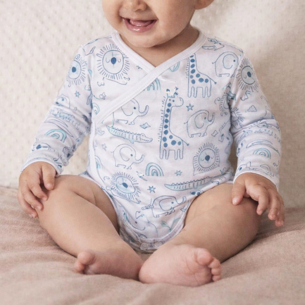 Cotton Kimono Bodysuit- Grey Animals