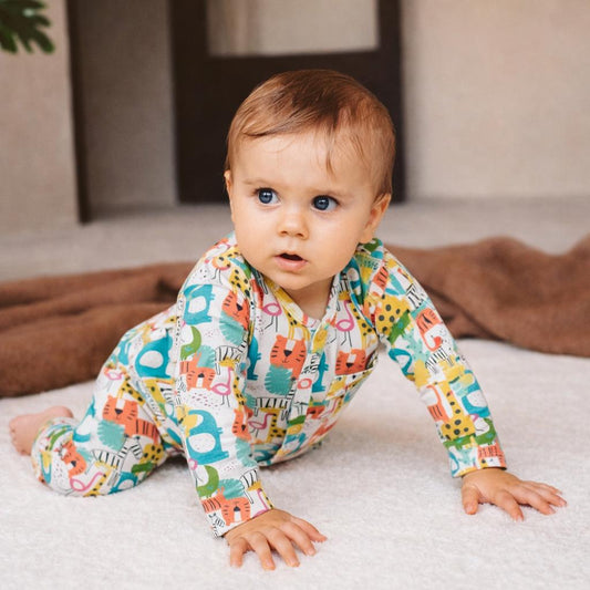 Cotton Sleepsuits- Colorful Animals & Green Stipes- Pack of 2