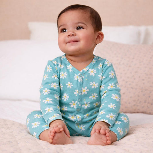 Cotton Sleepsuit- Green Flowers
